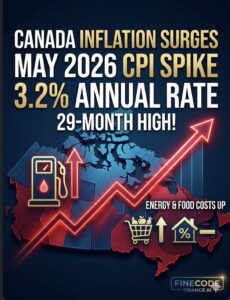 Canada's annual inflation rate accelerated to a 29-month high of 3.2% in May 2026 due to a 33.2% jump in gasoline. Read the Finecode Finance AI macro layout.